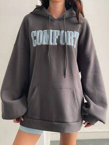 Livesso Damen Herbst/Winter Kapuzen-Sweatshirt mit Buchstaben-Stickerei, Oversized Passform, Langarm, Lässig mit Kordelzug