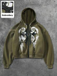 ROMWE MEN Goth Men's Graphic Embroidered Zip Up Hooded Sweatshirt, Street Style American Patch Design, Fall Winter - Green - View 1