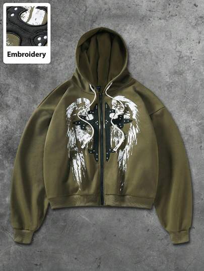 Street Life Sweat-shirt à capuche zippé avec graphique brodé pour hommes, style de rue avec design de patch américain, automne hiver