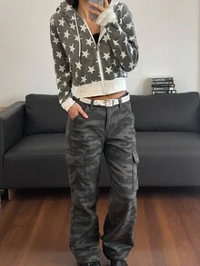 SHEIN 星星印花连帽短款运动衫，秋季休闲风 - 彩色 - 查看 3