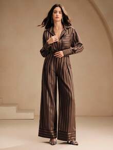 Anewsta 2pcs Set Satin Striped Shirt, Elegant Chic Casual Outfit For Fall, Autumn, Winter, New Year, Christmas - Brown - View 5