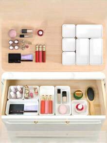 Boîte de rangement en plastique blanc 4 6 5 9 pièces Ensemble d'organisateurs à tiroirs Plateau multifonctionnel pour salle de bain, coiffeuse, maquillage, cosmétiques, chambre, cuisine, bureau, petits outils. Solution de rangement et de décoration pour la maison - Blanc - Voir 11