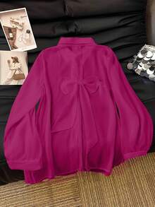 SHEIN Clasi 休闲白色透明衬衫，带蝴蝶结装饰 - 玫紅色 - 查看 1