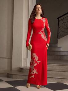 ZEYLAH Women's Floral Embroidery Round Neck Long Sleeve Fitted Elegant Dress - Red - View 1