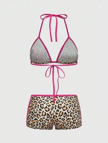 ROMWE J-Fashion Y2K Leopard Print, Numeric Pattern Wireless Lace-Up Women's Lingerie Set - Multicolor - View 2