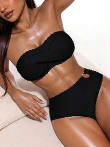 Oceva Conjunto de bikini sexy de unicolor con escote halter cruzado para mujer, ideal para playa de verano - Negro - Ver 1