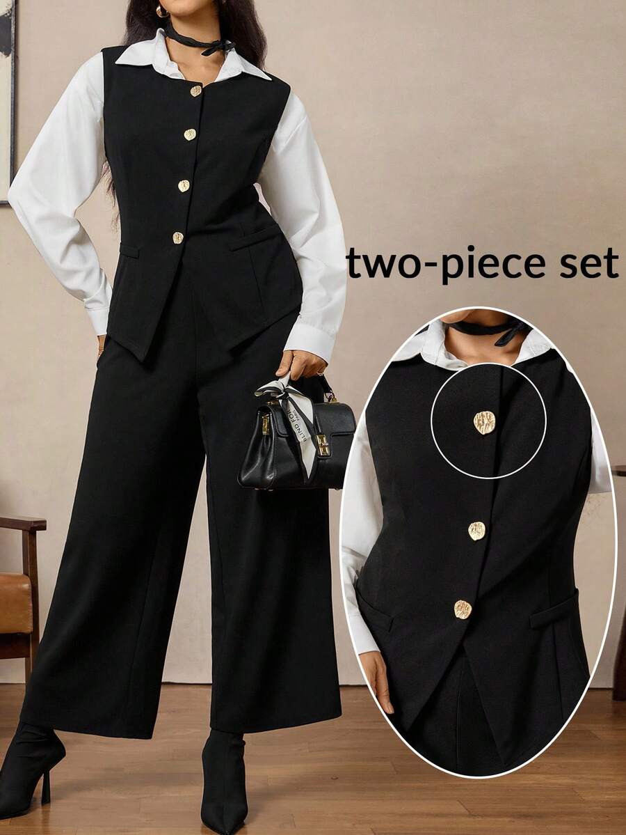 Zelara Elegant Button Decor Sleeveless Top & Elastic Waist Pants Set,Black And White Summer Plus Size Office Work Suits For Women,Professional Business Sets - Black - View 1