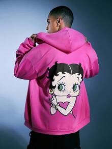 ROMWE MEN Betty Boop | ROMWE Men's Fuchsia Zip-Up Hoodie With Cartoon Graphic, Comfortable - Hot Pink - View 1