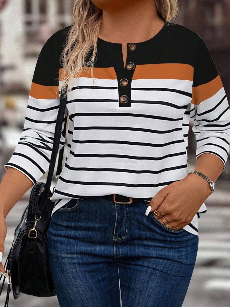 EMERY ROSE Women's Casual Colorblock Striped Print Plus Size T-Shirt, Autumn/Winter - Multicolor - View 1