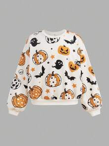 SHEIN Girlism Conjunto informal de 2 piezas para niñas preadolescentes con sudadera holgada de cuello redondo con estampado de flores de dibujos animados y pantalones acampanados para uso diario en otoño/invierno