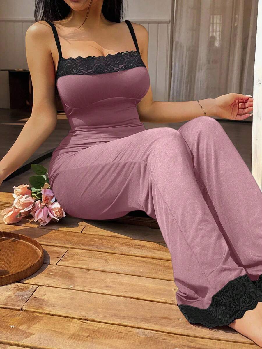 Lace Panel Cami Top And Pants Women Pajama Set - Purple - View 1