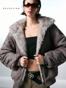 LYSMO SELECTION2025 Autumn And Winter New Women's Fashion Double-Sided Zipper Front Furry Hooded Thick Gray Coat, Winter Wear, Street Wear, Christmas, Halloween, Going Out - Grey - View 8