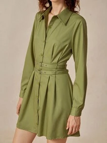 Écloséra Elegant Adjustable Double Waistband Design Pleated Button Women's Dress, Suitable For Autumn Outings - Green - View 7