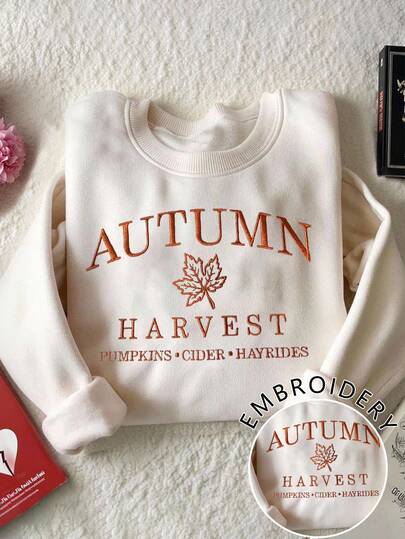 Sudadera casual de cuello redondo con forro térmico y bordado de letras en las mangas largas para mujer, otoño/invierno