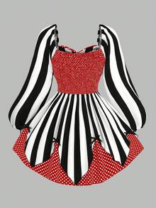 Sweetra Plus Size Women's Vintage Bold Avant-Garde College Street Fashion Digital Print Punk Dark Clown Magician Black White Stripe Polka Dot Stage Nightclub Theme Party Bar Long Sleeve Dress, Suitable For Halloween, Back To School Season, Holidays, Daily Wear - Multicolor - View 2