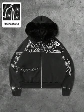 Street Life Sweat-shirt à capuche pour hommes avec col en fourrure, manches chauve-souris imprimées et strass, automne