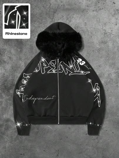 Street Life Men's Fur Collar Printed & Rhinestone Batwing Sleeve Hooded Sweatshirt, Fall