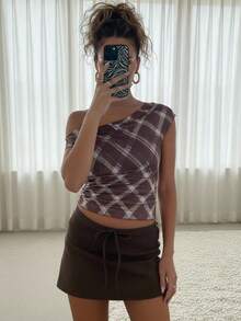 SHEIN BAE Bluză de damă cu guler asimetric, în carouri, stil casual, vară, vacanță - Multicolor - Vizualizare 5