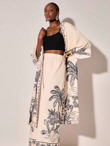 CAJUNI Women's Casual Vacation Coconut Tree Print Kimono Jacket In Fall/Winter - Multicolor - View 3