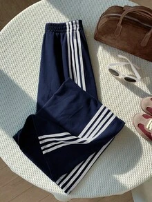 Comfortcana Women's Casual Versatile Contrast Striped Wide Leg Sweatpants Navy Blue Pants Striped Pants Women Casual Pants - Navy Blue - View 6