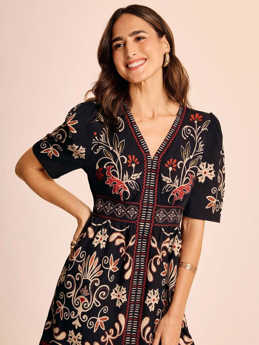 CAJUNI 女士休闲度假花卉印花短袖迷你连衣裙 - 约会装 - 外出装 - 音乐节 - 彩色 - 查看 1