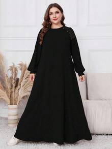Al Najma 加大码毛绒拼布长款休闲连衣裙，秋冬款，休闲端庄束腰连衣裙，适合日常休闲/居家长款女装 - 黑色 - 查看 1