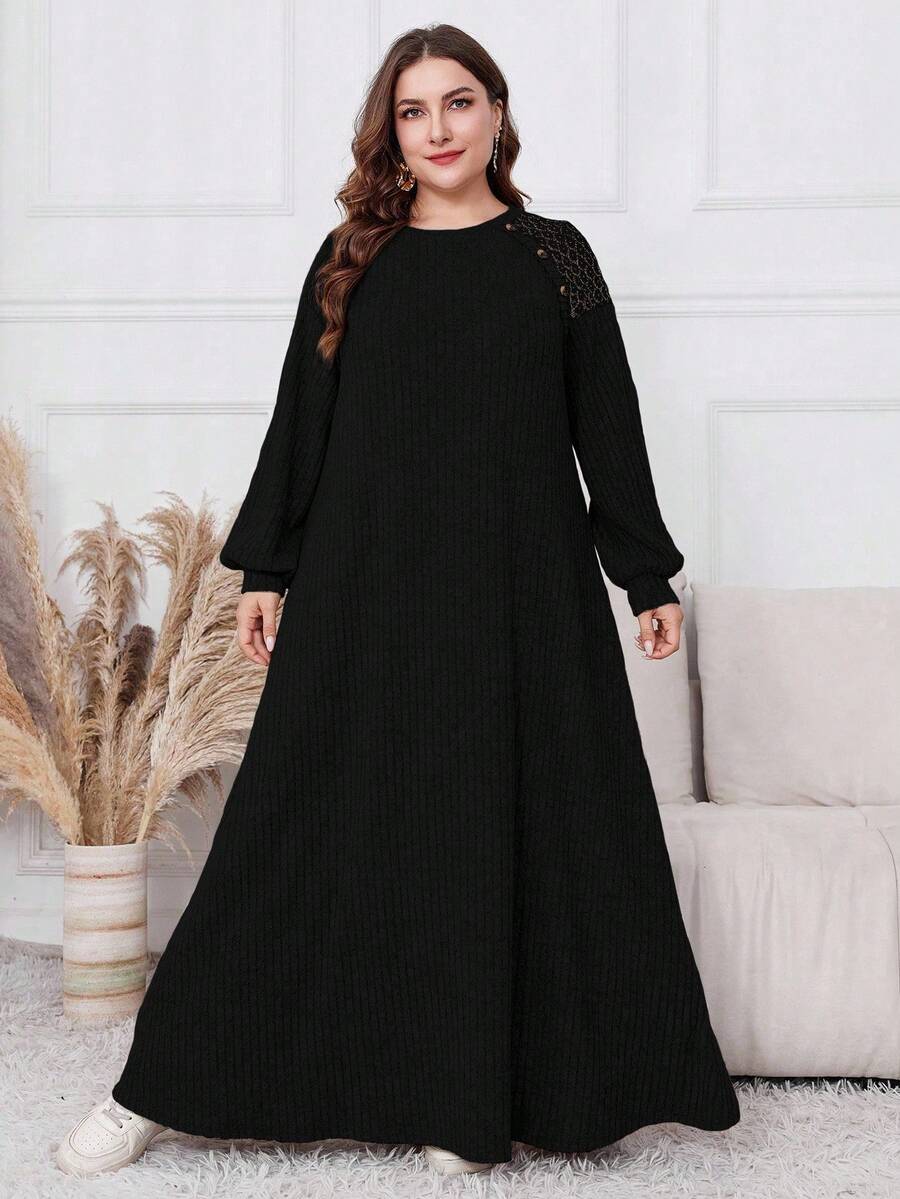 Al Najma 加大码毛绒拼布长款休闲连衣裙，秋冬款，休闲端庄束腰连衣裙，适合日常休闲/居家长款女装 - 黑色 - 查看 1