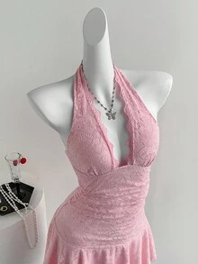 Sweetra 露背蕾丝边拼接酒红色性感优雅连衣裙 - 粉色 - 查看 3