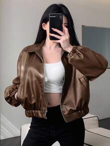 DAZY Áo khoác da PU ngắn màu nâu trơn thời trang đường phố rộng rãi cho nữ, thích hợp cho mùa thu, đông, xuân Y2k - Lạc đà - Xem 2