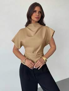 Firerie Crinkle Collar Asymmetrical Sleeve Side Ruched Cinched Waist Commuter Apricot Bamboo Linen Fabric Women Shirt, All Season