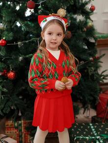 SHEIN Young Girls Christmas Diamond Pattern Sweater & Skirt Set, Winter Fall Winter Christmas Halloween Toddler Cardigan Sweater Autumn Fall Jumpers Sweaters Tops Dress Dresses Christmas Jumper Cozy Pixies Prepcrw Christmas Outfit Halloween  New Born Toddler  Fall Winter Dress Halloween  Romper Stuff Halloween Jumper Jumper Cardigans Shirts White Cardigan Clean Downtown Off The Shoulder Sweater Outfit Sets Pink Sweater Jacket Cute Fall Outfits Outfits Top Maija Christmas Dress  Toddler Fall Dark Purple Skirt Christmas Sweater  Fall Sweaters Unisex White Sweater Vest Skirt Sets - Red - View 9
