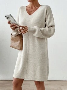EURMUSE V Neck Long Sleeve Mini Sweater Dress - Apricot - View 8