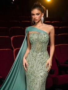 Glamrae Đầm Maxi đuôi cá tay loe cổ lệch, thêu kim sa thủ công màu xanh lam sang trọng, thanh lịch, đầm dạ hội trang trọng dành cho nữ - màu xanh lá - Xem 4