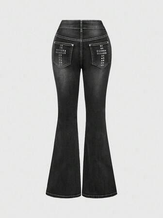 Grunge Punk Jeans femme polyvalents de couleur unie avec design de croix rivetée, coupe ajustée et évasée, style Punk Y2K