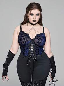 ROMWE EDITION Áo ba lỗ và áo ba lỗ cổ dơi Gothic tối màu trang trí nhung hoa màu xanh cỡ lớn cho nữ - Màu xanh lam - Xem 2