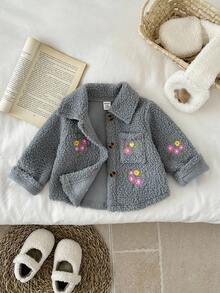 SHEIN 女婴厚羊毛刺绣花领长袖夹克，秋冬 - 灰色 - 查看 6
