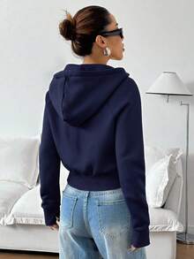 SHEIN EZwear 女式海军蓝休闲日常拉链连帽衫，秋季 - 藏蓝色 - 查看 2