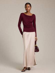 Ontre 优雅风格，简约设计，羊毛混纺面料，酒红色，长袖，领口设计，合身廓形，女式T恤，女式上衣，秋季服装，日常休闲装，商务休闲装 - 酒紅色 - 查看 3