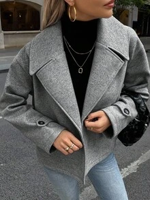 SHEIN PETITE 女式纯色翻领长袖双排扣休闲大衣，秋冬 - 灰色 - 查看 3