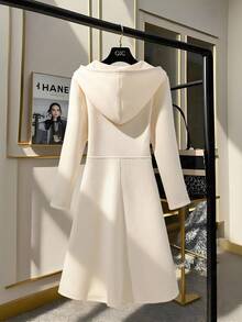 GlowEve 女士针织金色拉链装饰连帽卫衣连衣裙，法式休闲日常通勤时尚法式优雅街头复古百搭假日商务奶油米色/象牙色长袖连衣裙，秋冬 - 杏色 - 查看 2