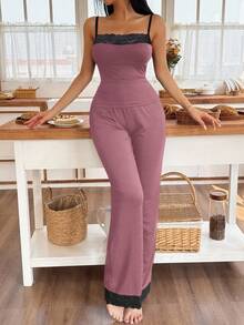 Lace Panel Cami Top And Pants Women Pajama Set - Purple - View 3
