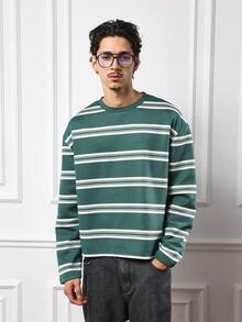 SUMWON Long Sleeve Forest Green Horizontal Striped Crew Neck T-Shirt Oversized Casual Autumn Streetwear Winter Knit Top Regular Fit - Green - View 6