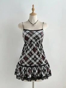 SHEIN Unity 女士时尚天鹅绒拼接蕾丝吊带裙，适合休闲、派对、日常穿着、秋冬季，搭配女士长袖层叠荷叶边拼接衬衫 - 彩色 - 查看 7