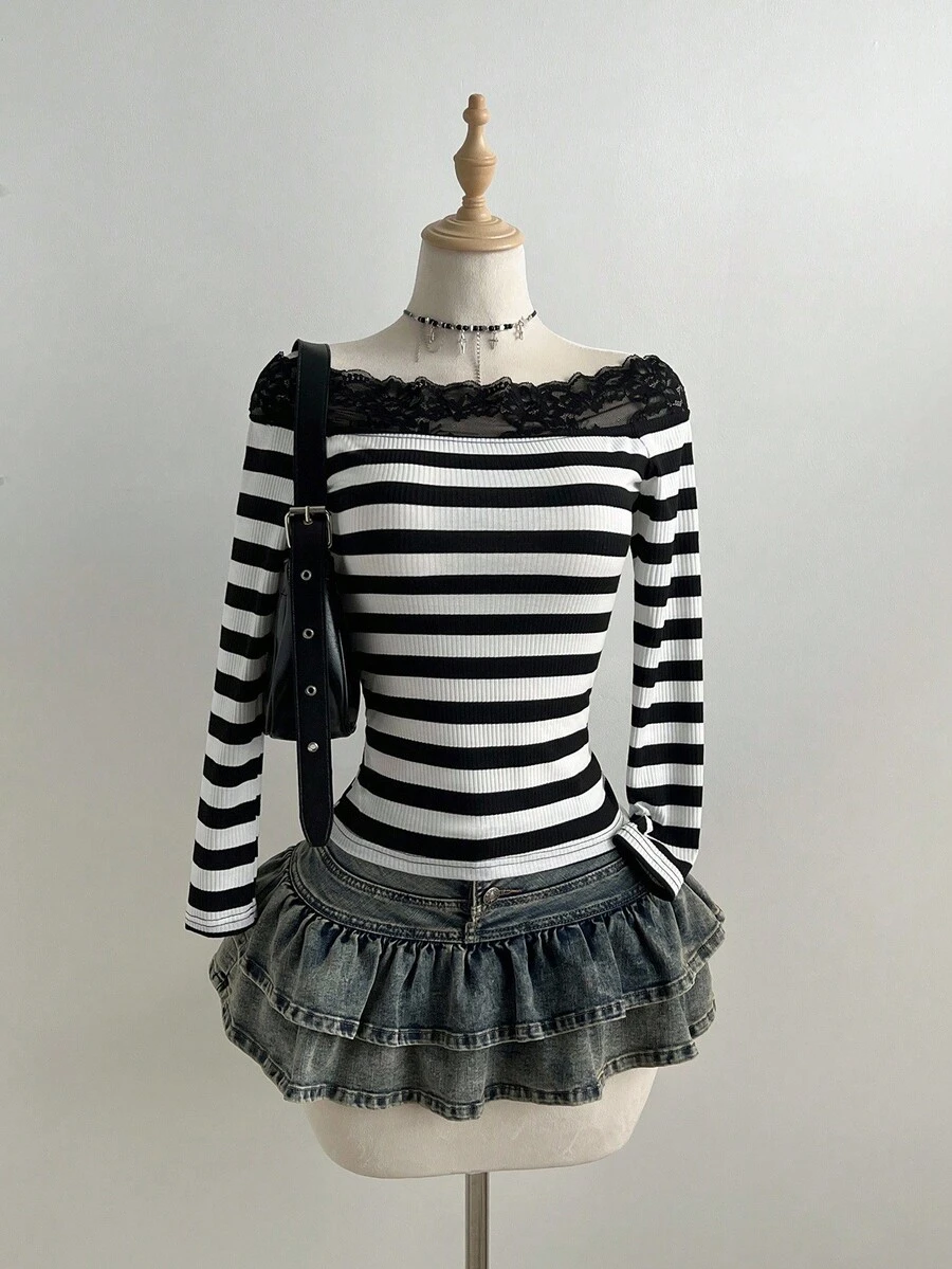 Elamini 女士休闲时尚日常通勤蕾丝拼布条纹露肩长袖T恤，秋冬 - 彩色 - 查看 1