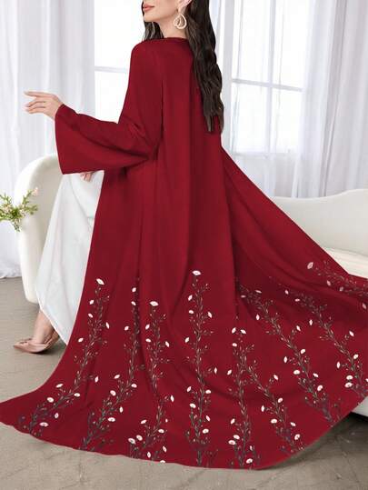 SHEIN Najma Women's Floral Print Red Long Sleeve Casual Arabic Abaya Robe, Spring/Autumn