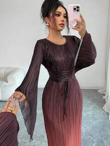 Elenzga Váy đuôi cá xếp ly tay loe rút dây eo in họa tiết ombre thời trang thu đông - Nhiều màu - Xem 4