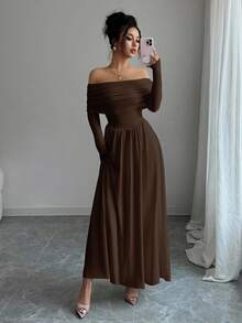 Elenzga Vestido de manga larga con hombros descubiertos y pliegues de unicolor para mujer