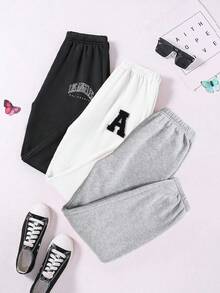 3 条装休闲、度假、学院风保暖、时尚字母印花运动裤，颜色有雾蓝色、麻灰色、粉色，百搭 - 彩色 - 查看 1