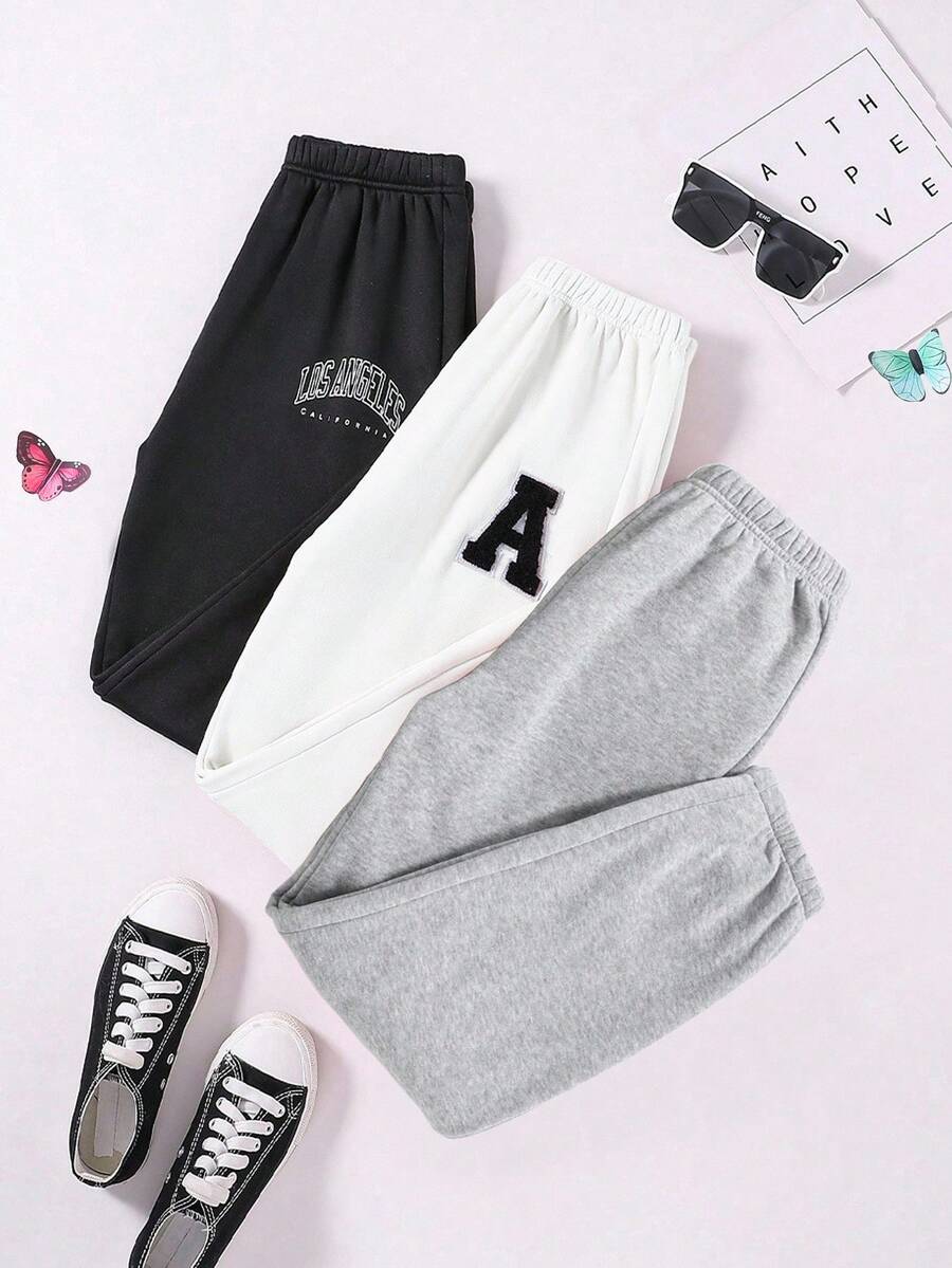3 条装休闲、度假、学院风保暖、时尚字母印花运动裤，颜色有雾蓝色、麻灰色、粉色，百搭 - 彩色 - 查看 1