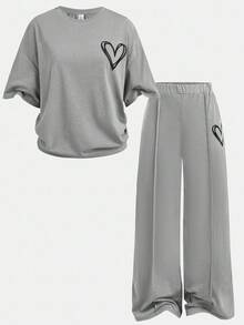 SHEIN Girlism 青少年女孩两件套休闲装 - 宽松圆领针织上衣，带有图案印花和宽松短裤，适合日常穿着、返校、假期、家庭户外活动、春季野餐等 - 淺灰色 - 查看 15